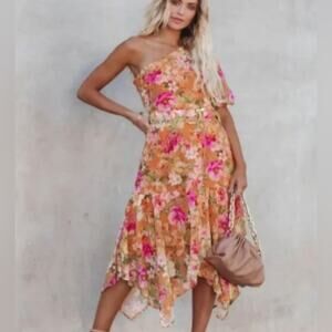 VICI One shoulder Midi Dress belted spring floral ruffle